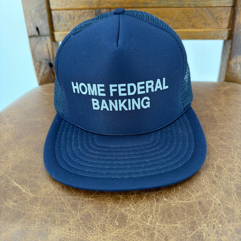 Unbranded Home Federal Banking Trucker Hat OSFA Navy Blue Excellent Mesh Cap